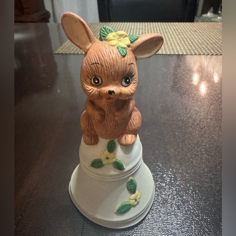 Brown Ceramic Bunny Bell with Yellow Floral Accents